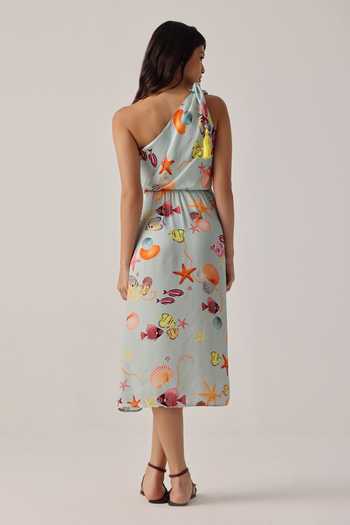Shop_NOIB_Blue Satin, Modal One Shoulder Isla Placement Print Midi Dress _at_Aza_Fashions