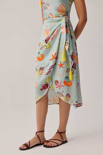 Buy_NOIB_Blue Satin, Modal One Shoulder Isla Placement Print Midi Dress _Online_at_Aza_Fashions