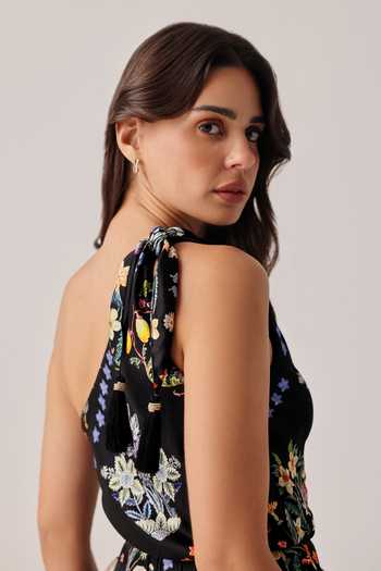 Buy_NOIB_Black Satin, Modal One Shoulder Isla Floral Print Dress _Online_at_Aza_Fashions
