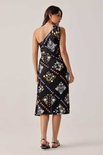 Shop_NOIB_Black Satin, Modal One Shoulder Isla Floral Print Dress _at_Aza_Fashions