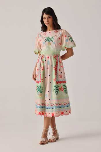 Buy_NOIB_Multi Color Poplin Boat Neck Lyla Placement Print Dress _at_Aza_Fashions