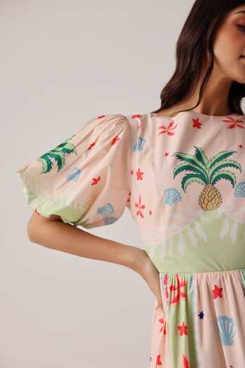 NOIB_Multi Color Poplin Boat Neck Lyla Placement Print Dress _Online_at_Aza_Fashions
