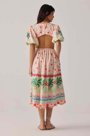 Shop_NOIB_Multi Color Poplin Boat Neck Lyla Placement Print Dress _at_Aza_Fashions