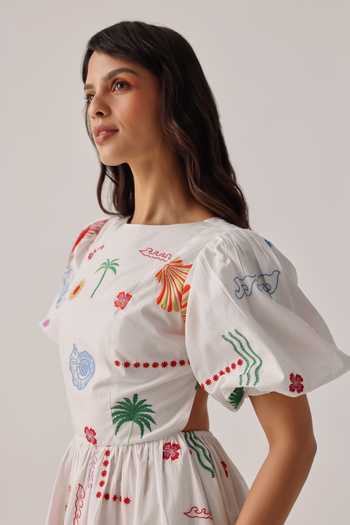 NOIB_White Poplin Embroidery Round Neck Lyla Midi Dress _Online_at_Aza_Fashions