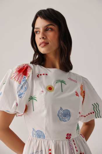 Buy_NOIB_White Poplin Embroidery Round Neck Lyla Midi Dress _Online_at_Aza_Fashions