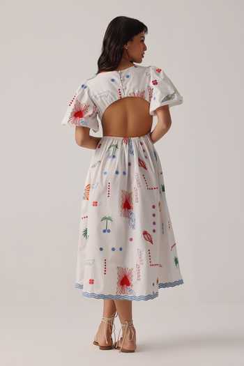 Shop_NOIB_White Poplin Embroidery Round Neck Lyla Midi Dress _at_Aza_Fashions