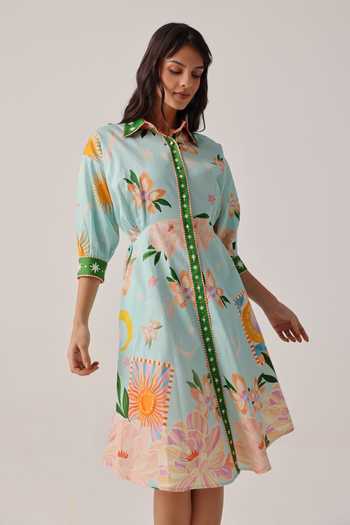 NOIB_Blue Cotton Satin Embroidery Collared Lena Placement Printed Dress _Online_at_Aza_Fashions