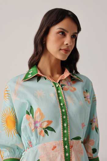 Buy_NOIB_Blue Cotton Satin Embroidery Collared Lena Placement Printed Dress _Online_at_Aza_Fashions