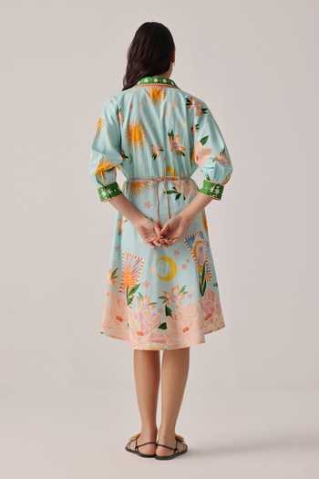 Shop_NOIB_Blue Cotton Satin Embroidery Collared Lena Placement Printed Dress _at_Aza_Fashions