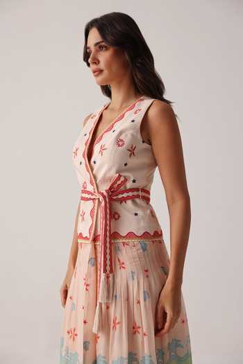 NOIB_Multi Color Organza, Linen, Viscose Embroidery, Tassels V-neck Dress With Belt _Online_at_Aza_Fashions