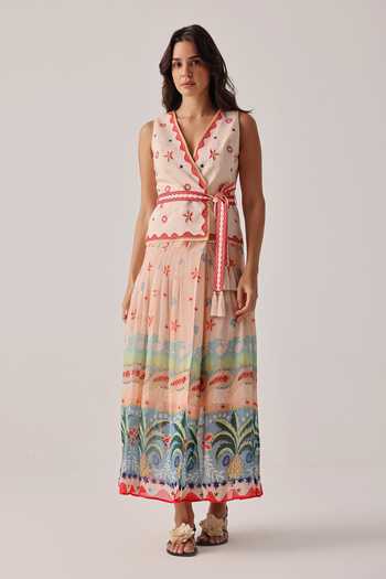 Buy_NOIB_Multi Color Organza, Linen, Viscose Embroidery, Tassels V-neck Dress With Belt _at_Aza_Fashions