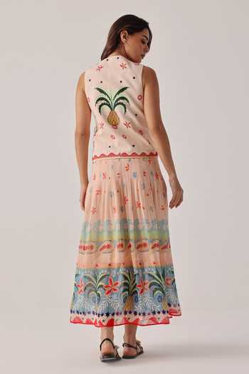 Shop_NOIB_Multi Color Organza, Linen, Viscose Embroidery, Tassels V-neck Dress With Belt _at_Aza_Fashions