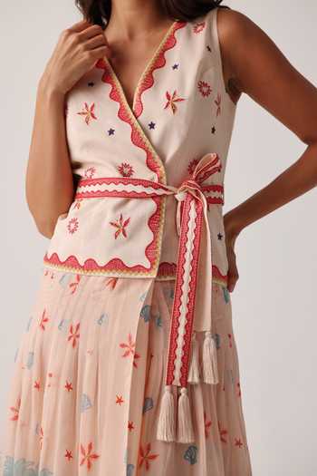 Buy_NOIB_Multi Color Organza, Linen, Viscose Embroidery, Tassels V-neck Dress With Belt _Online_at_Aza_Fashions