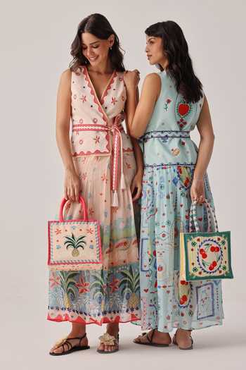Shop_NOIB_Multi Color Organza, Linen, Viscose Embroidery, Tassels V-neck Dress With Belt _Online_at_Aza_Fashions