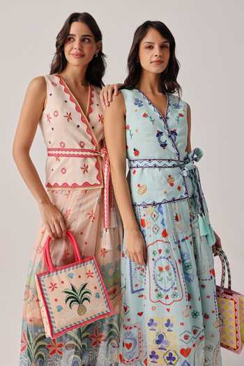 NOIB_Multi Color Organza, Linen, Viscose Embroidery, Tassels V-neck Dress With Belt _at_Aza_Fashions