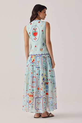 Shop_NOIB_Blue Organza, Linen, Viscose Embroidery, Avery Tarot Maxi Dress With Belt _at_Aza_Fashions