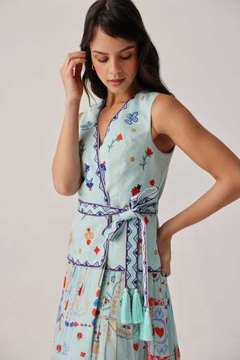 Buy_NOIB_Blue Organza, Linen, Viscose Embroidery, Avery Tarot Maxi Dress With Belt _Online_at_Aza_Fashions