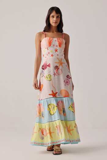 Buy_NOIB_Multi Color Linen Square Neck Ruby Placement Print Maxi Dress _at_Aza_Fashions