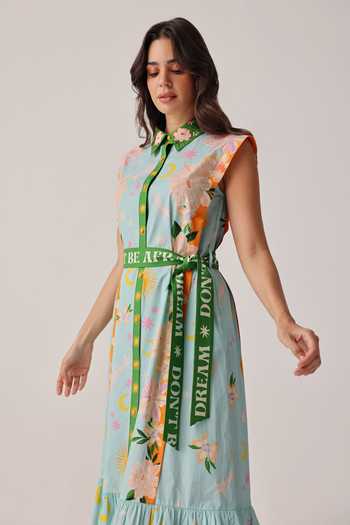 NOIB_Blue Poplin Embroidery Collared, Button-down Neck Vega Hand Dress With Belt _Online_at_Aza_Fashions