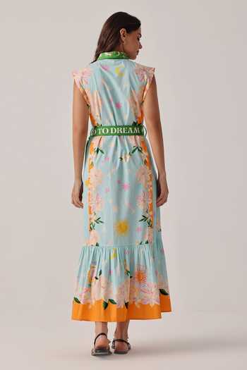 Shop_NOIB_Blue Poplin Embroidery Collared, Button-down Neck Vega Hand Dress With Belt _at_Aza_Fashions