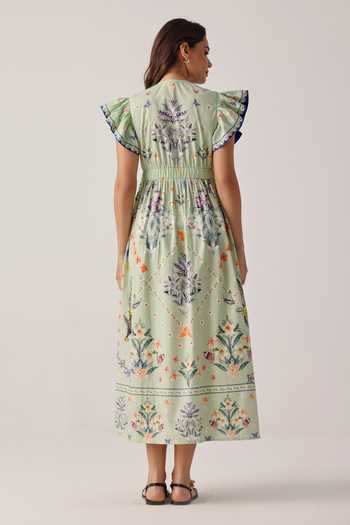 Shop_NOIB_Green Poplin V-neck Estella Floral Print Dress _at_Aza_Fashions