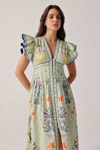NOIB_Green Poplin V-neck Estella Floral Print Dress _Online_at_Aza_Fashions