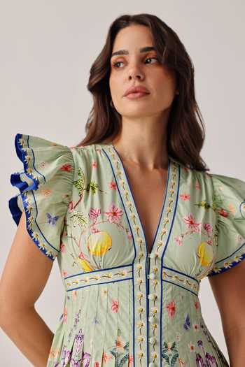 Buy_NOIB_Green Poplin V-neck Estella Floral Print Dress _Online_at_Aza_Fashions