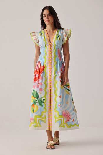 Buy_NOIB_Multi Color Poplin V-neck Estella Printed Maxi Dress _at_Aza_Fashions