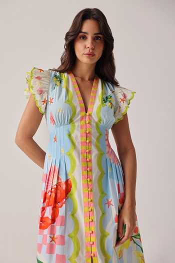 Buy_NOIB_Multi Color Poplin V-neck Estella Printed Maxi Dress _Online_at_Aza_Fashions