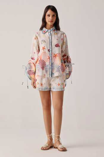 NOIB_White Linen Embroidery Collared Thais Placement Printed Shirt _Online_at_Aza_Fashions