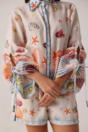 Buy_NOIB_White Linen Embroidery Collared Thais Placement Printed Shirt _Online_at_Aza_Fashions