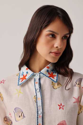 Shop_NOIB_White Linen Embroidery Collared Thais Placement Printed Shirt _Online_at_Aza_Fashions