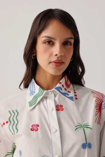 Shop_NOIB_White Poplin Embroidery Collared Thais Shirt _Online_at_Aza_Fashions