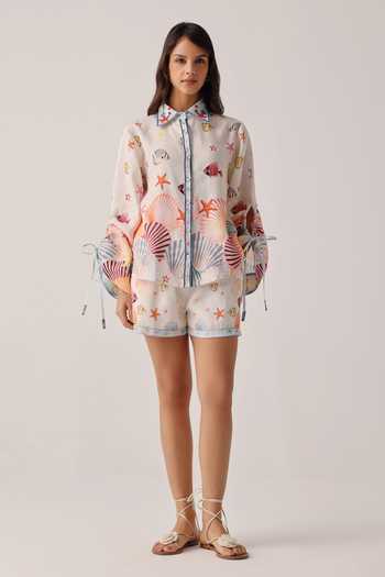NOIB_Off White Linen Mia Placement Print Shorts _Online_at_Aza_Fashions
