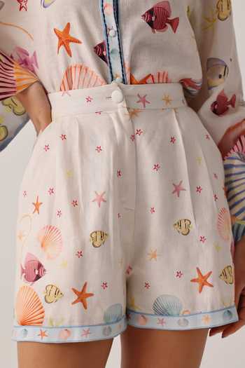 NOIB_Off White Linen Mia Placement Print Shorts _at_Aza_Fashions