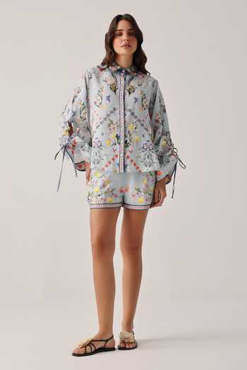 NOIB_Blue Linen Mia Floral Print Shorts _Online_at_Aza_Fashions