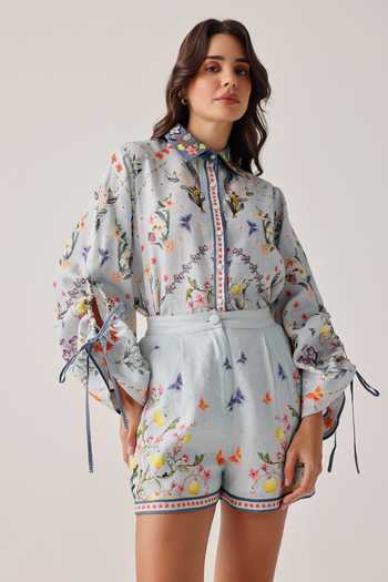Buy_NOIB_Blue Linen Mia Floral Print Shorts _Online_at_Aza_Fashions