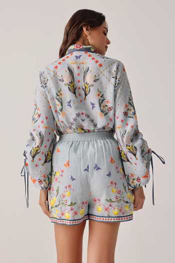 Shop_NOIB_Blue Linen Mia Floral Print Shorts _Online_at_Aza_Fashions
