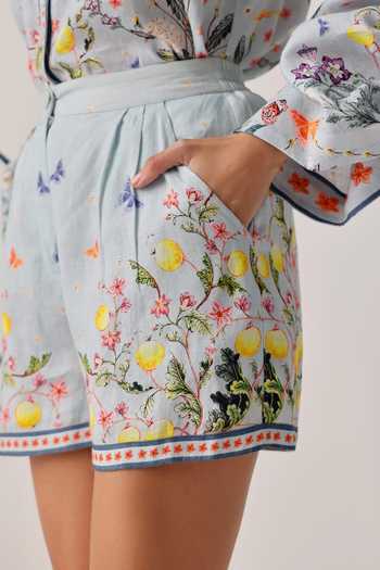 NOIB_Blue Linen Mia Floral Print Shorts _at_Aza_Fashions