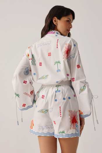 Buy_NOIB_White Poplin Embroidery Mia Floral Shorts 