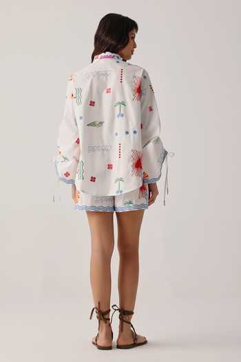 Shop_NOIB_White Poplin Embroidery Mia Floral Shorts _at_Aza_Fashions