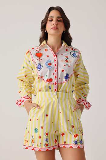 Buy_NOIB_Yellow Poplin Mia Printed Shorts _Online_at_Aza_Fashions
