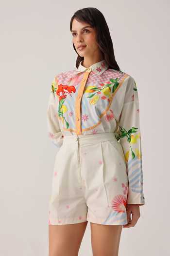 NOIB_Off White Poplin Mia Printed Shorts _Online_at_Aza_Fashions
