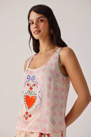 Buy_NOIB_Pink Satin, Modal Scoop Neck Toni Sleeveless Printed Tank Top _Online_at_Aza_Fashions