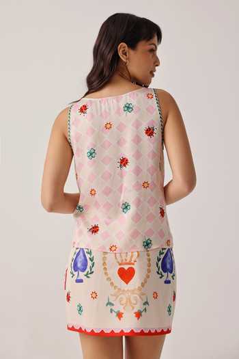 Shop_NOIB_Pink Satin, Modal Scoop Neck Toni Sleeveless Printed Tank Top _at_Aza_Fashions
