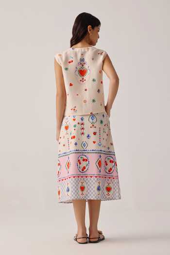 Shop_NOIB_Multi Color Cotton Satin Kaia Printed Midi Skirt _at_Aza_Fashions