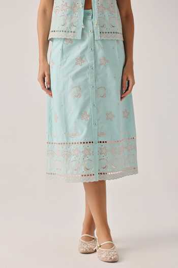 NOIB_Blue Poplin Embroidery Kaia Hand Skirt _Online_at_Aza_Fashions
