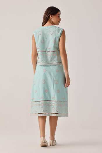 Shop_NOIB_Blue Poplin Embroidery Kaia Hand Skirt _at_Aza_Fashions