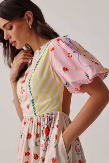 NOIB_Ivory Poplin Round Neck Lyla Printed Cut Out Dress _Online_at_Aza_Fashions