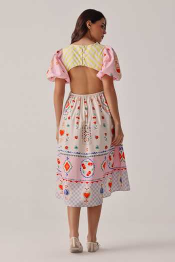 Shop_NOIB_Ivory Poplin Round Neck Lyla Printed Cut Out Dress _at_Aza_Fashions